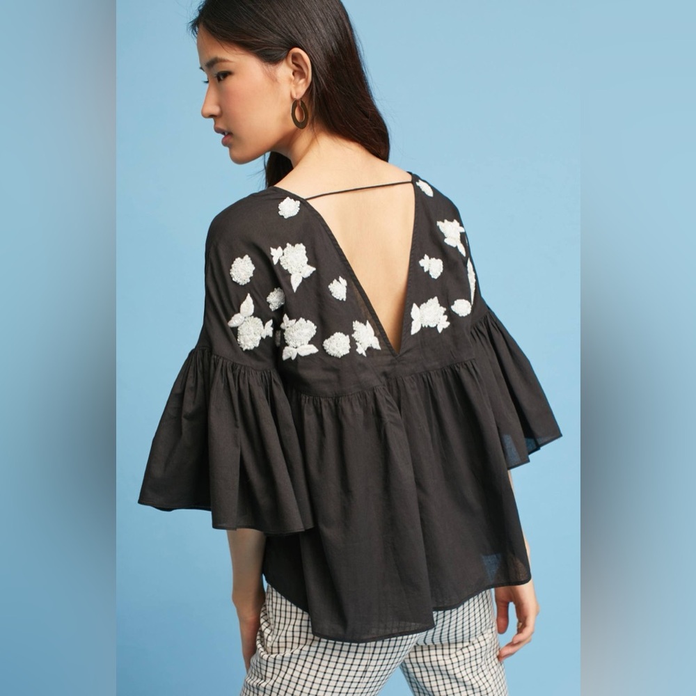 Anthro Maeve Harlow Embroidered Sequin V-Neck XS Black Boho Flutter Sleeve Top - Picture 2 of 15
